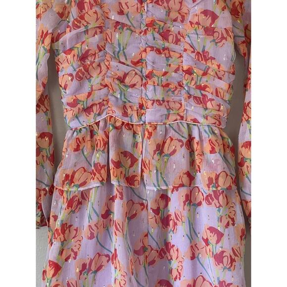 BURU Lavender Floral Print MIDI Peplum Dress Metallic Trim Size XS Front To Back - Picture 4 of 7